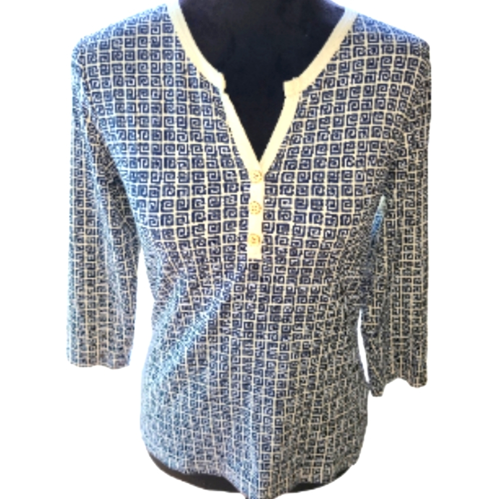 J McLaughlin Blue Whiite Greek Key Top Size Small